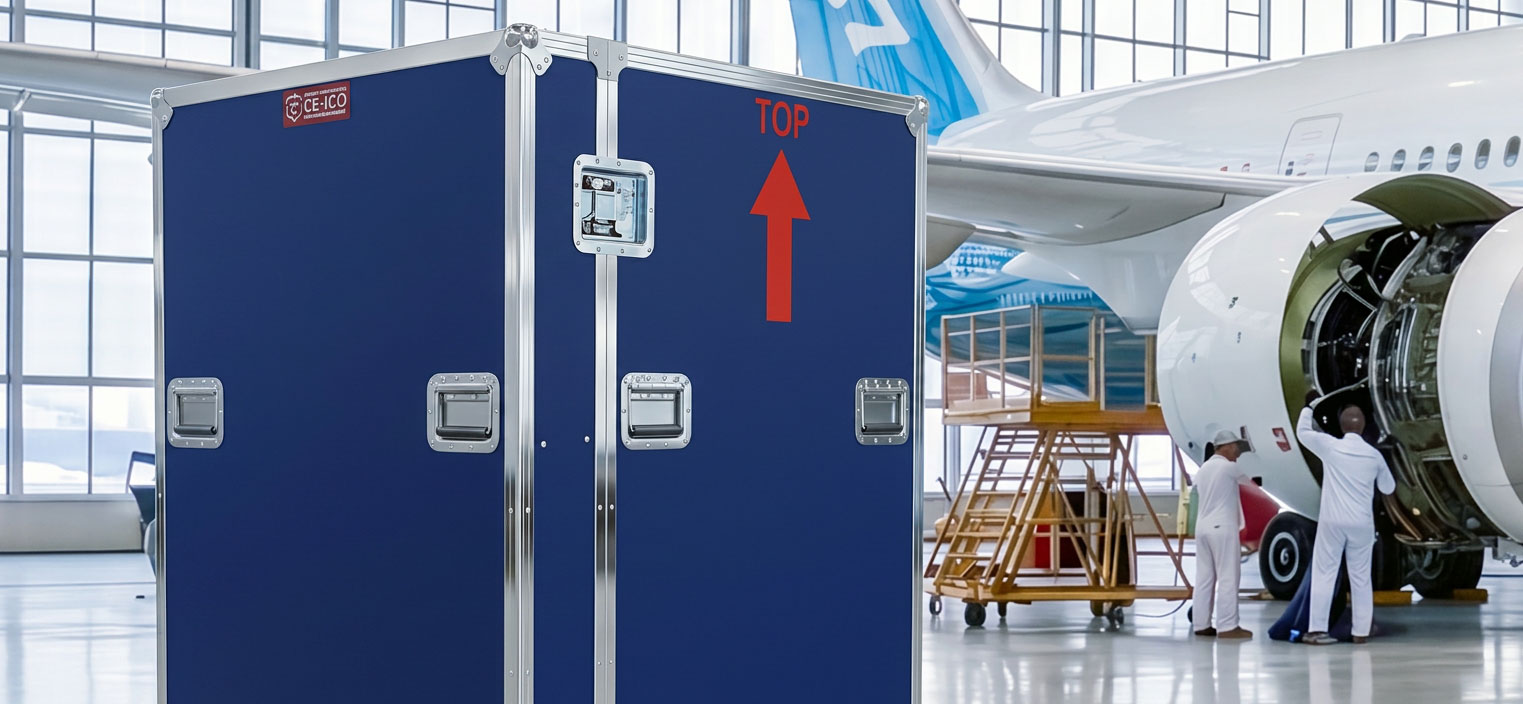 Großes maßgefertigtes Flightcase für den sicheren Transport technischer Geräte in einem Flugzeughangar.