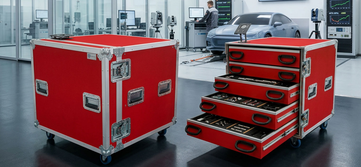 Kongsbak Koffer mit Schubladen Schubladen-Flightcase. Ein Individuell gefertigter Flightcase für Messtechnik und technische Systeme. Die robuste Aluminiumkonstruktion schützt empfindliche Instrumente und Geräte beim Transport und Einsatz vor Ort. Mehrere ausziehbare Schubladen ermöglichen eine übersichtliche Organisation von Zubehör, Verbrauchsmaterialien und technischen Komponenten. KONGSBAK entwickelt solche Koffer als maßgeschneiderte Transportlösungen für die Industrie – mit Fokus auf Sicherheit, Funktionalität und langlebige Verarbeitung.