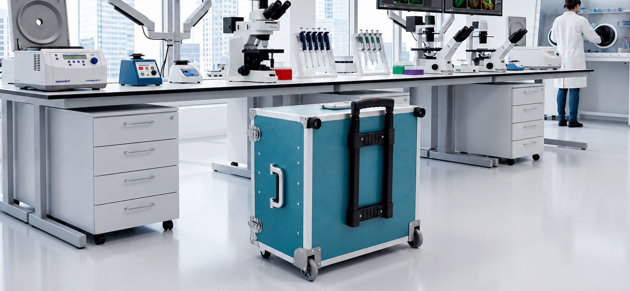 Mobiler Aluminium-Trolleykoffer im modernen Labor für den sicheren Transport von Messgeräten, Proben und empfindlicher Medizintechnik.