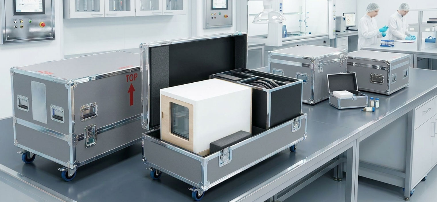 Maßgefertigte Versandkoffer für Laborgeräte und Medizintechnik mit individueller Schaumstoffeinlage und sicherem Transportschutz