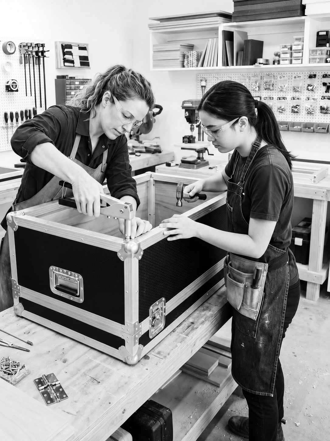 Mitarbeiter montieren einen maßgefertigten Flightcase in der KONGSBAK Werkstatt für industrielle Transport- und Versandlösungen