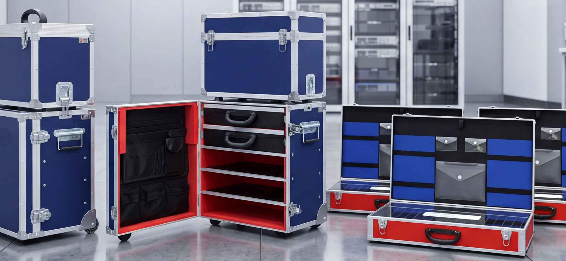 Großes maßgefertigtes Flightcase für den sicheren Transport technischer Geräte in einem Flugzeughangar.