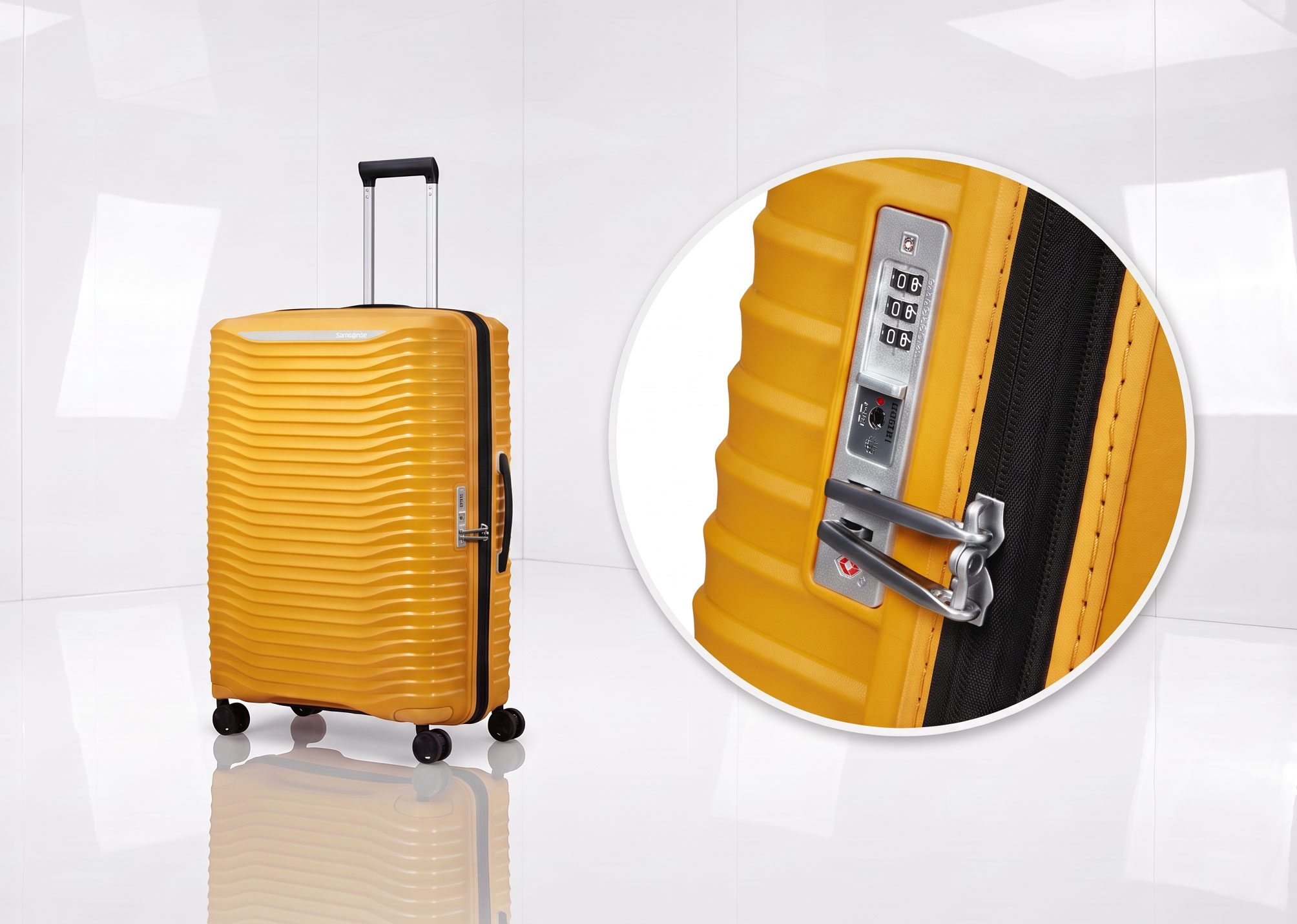 Samsonite Upscape Koffer | Leichter Reisekoffer | Kongsbak Samsonite Upscape Reisekoffer in Gelb mit Hartschale, TSA-Schloss und vier Rollen. Kongsbak steht für ausgewähltes Reisegepäck, persönliche Beratung und langjährige Erfahrung rund um Koffer und Reiseausstattung.